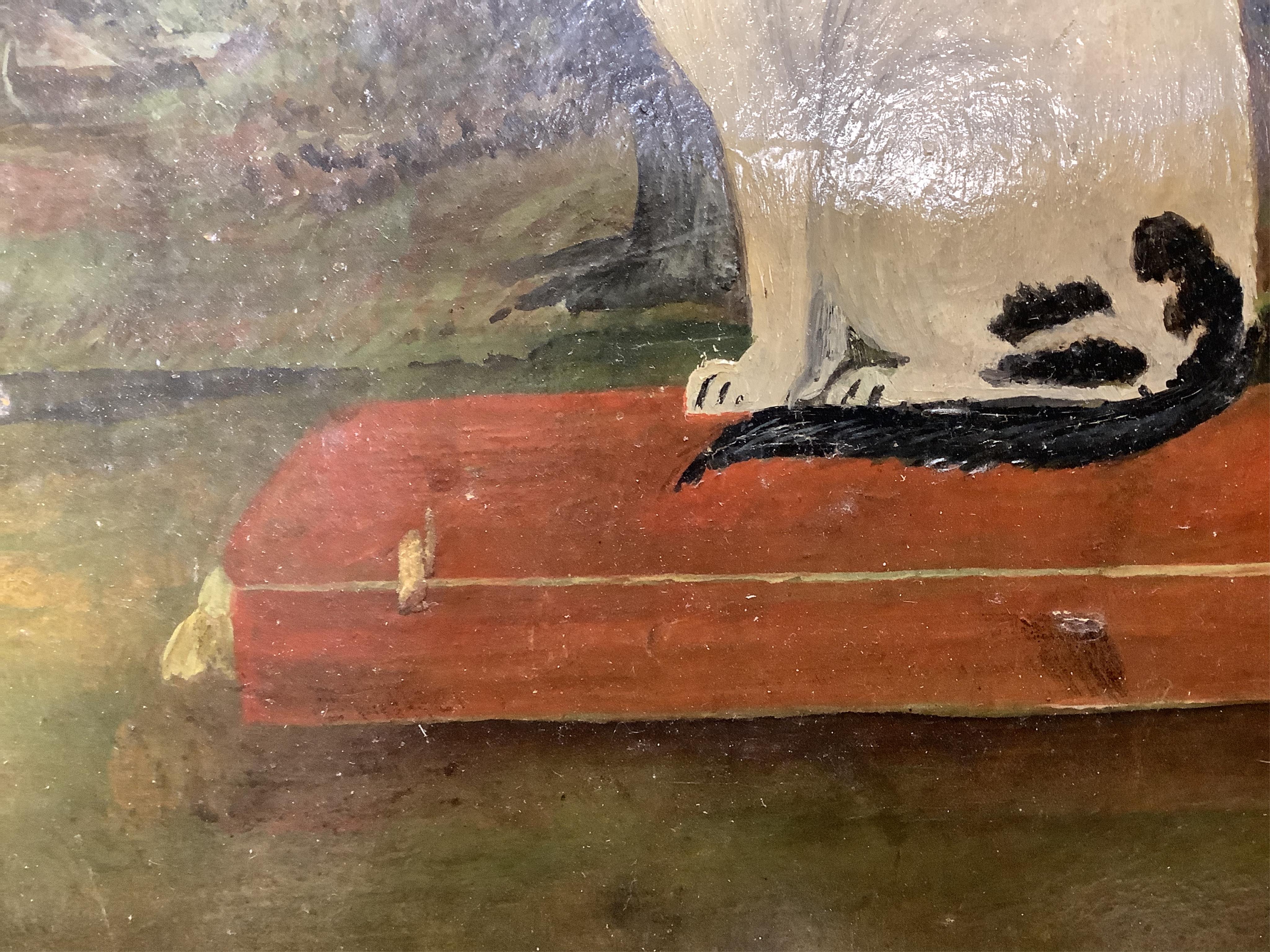 Late 19th / early 20th century, naive English School, oil on board, Study of a seated cat, indistinctly monogrammed lower left, 22 x 29cm. Condition - fair